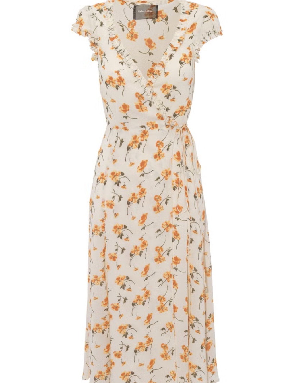 Reformation Carina Wrap Dress - Cream & Orange Floral Details